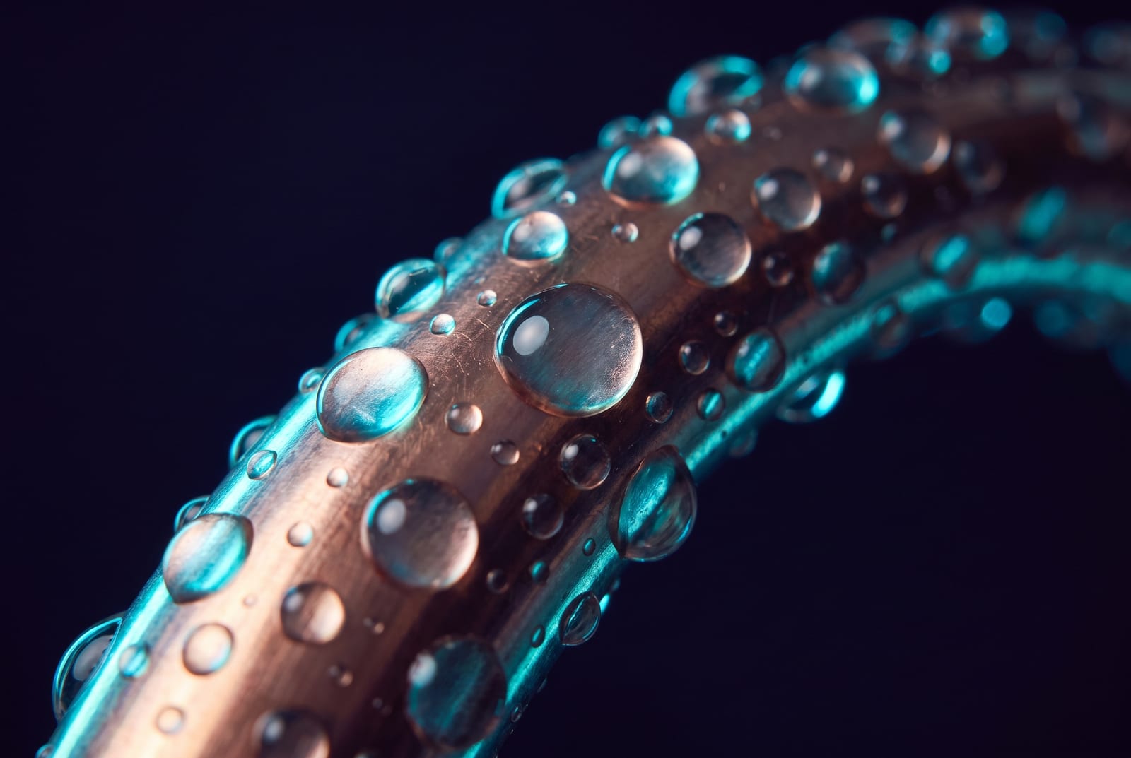 Water beads on a copper pipe